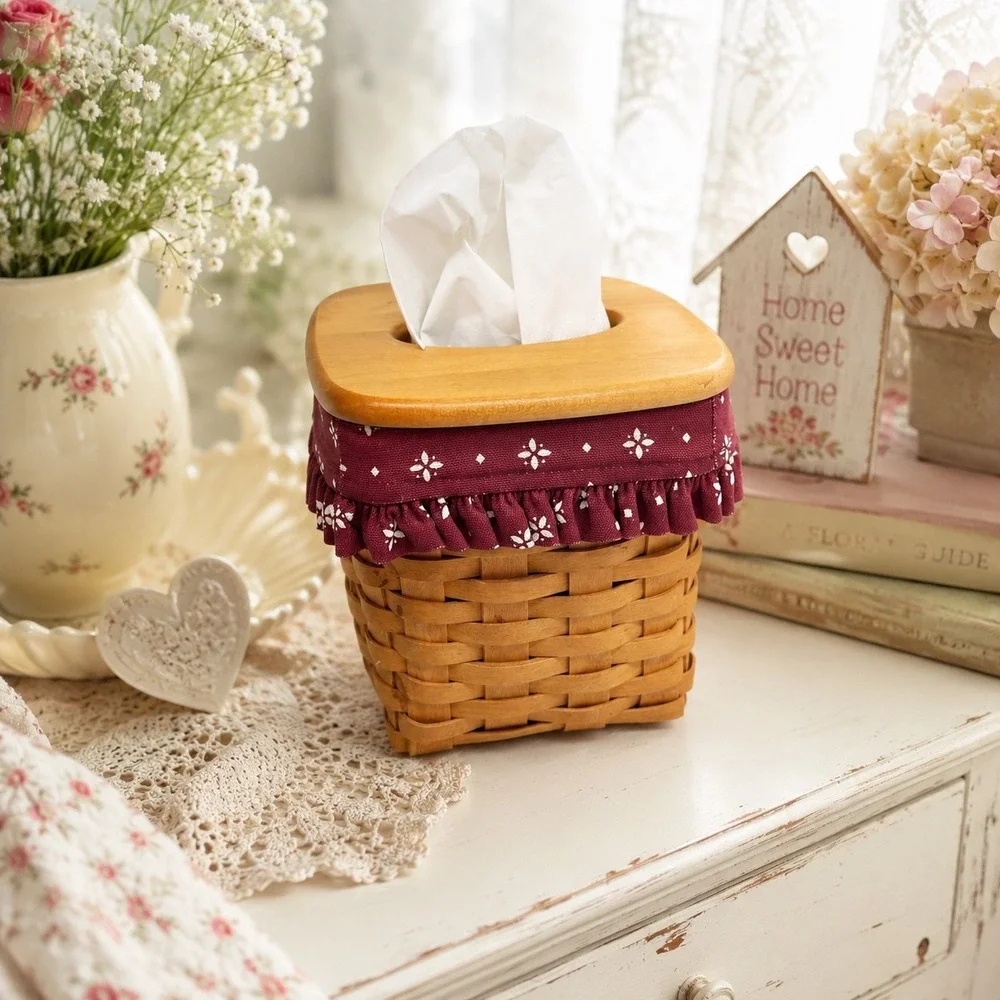 Longaberger 1997 Signed Tall Tissue Basket Wood Lid Burgundy Floral Liner